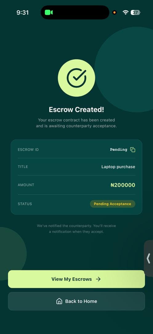 Escrow created — ₦200,000 laptop purchase pending acceptance